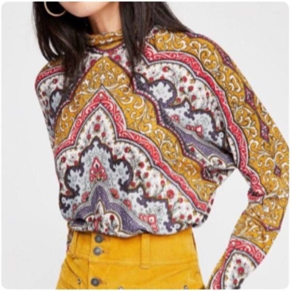 Free People Chase Me Paisley Jersey Knit Mock Neck‎ Top Sz XS